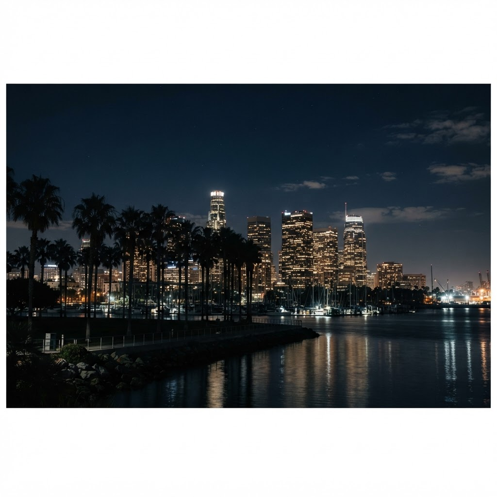 Southern California city skyline at night with palm trees